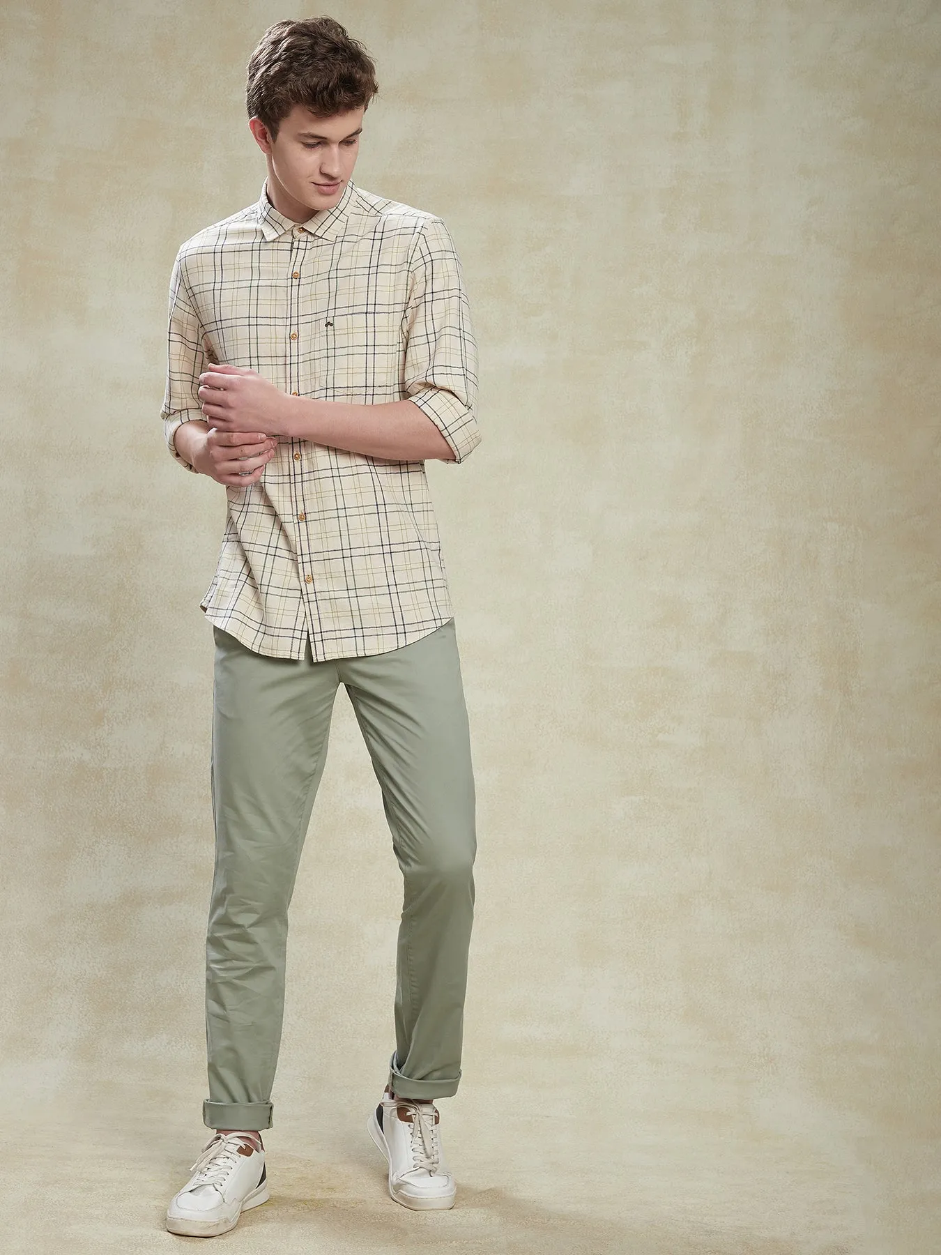 Cotton Slub Beige Slim Fit Full Sleeve Casual Mens Checkered Shirt