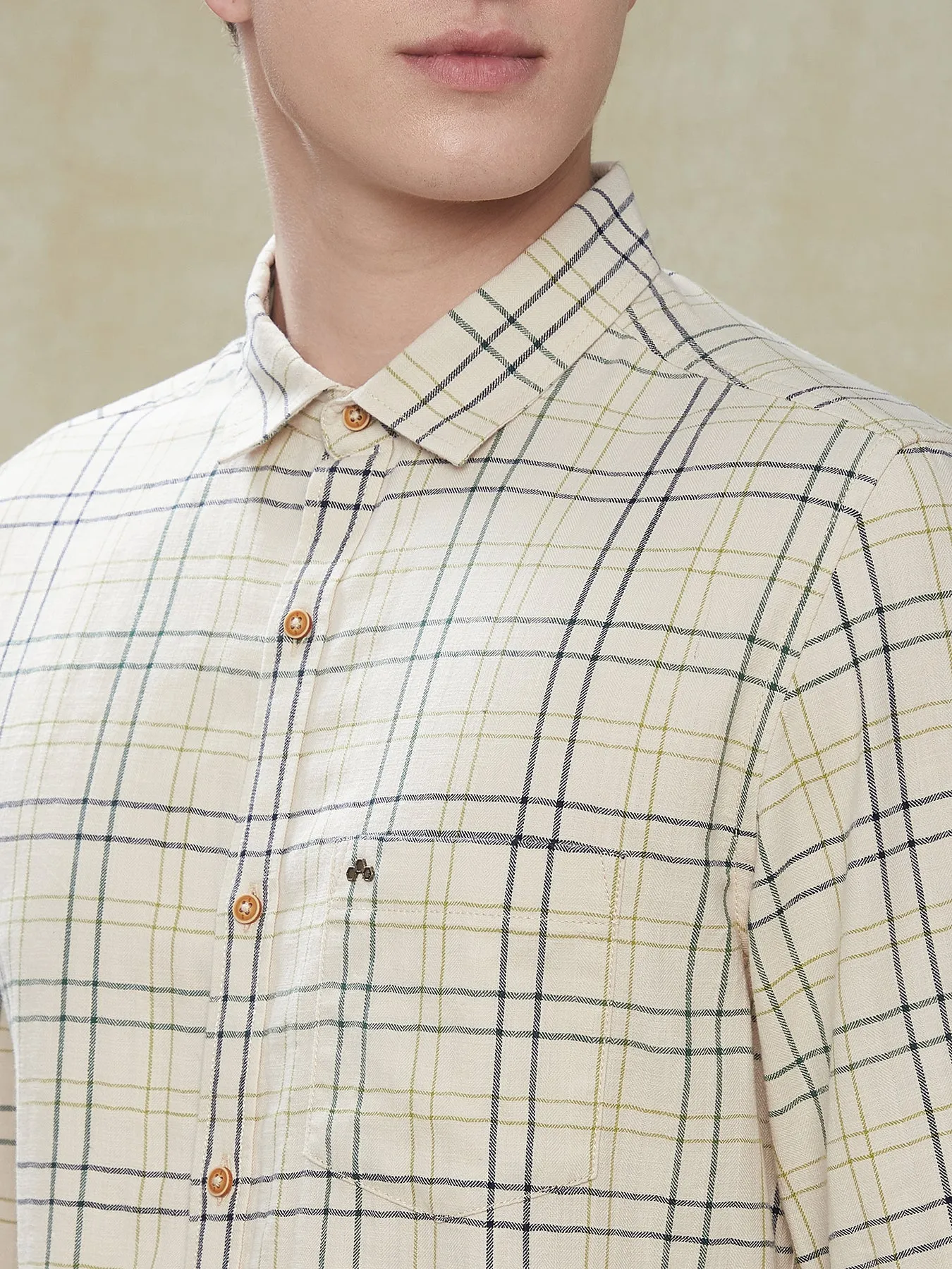 Cotton Slub Beige Slim Fit Full Sleeve Casual Mens Checkered Shirt