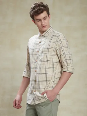 Cotton Slub Beige Slim Fit Full Sleeve Casual Mens Checkered Shirt