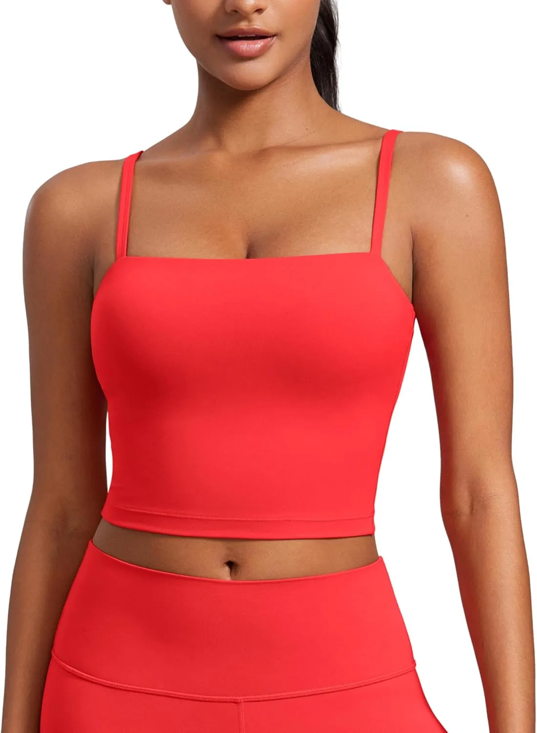 CRZ YOGA Butterluxe Cami Longline Sports Bras for Women - Square Neck Adjustable Padded Workout Crop Tank Top Camisole