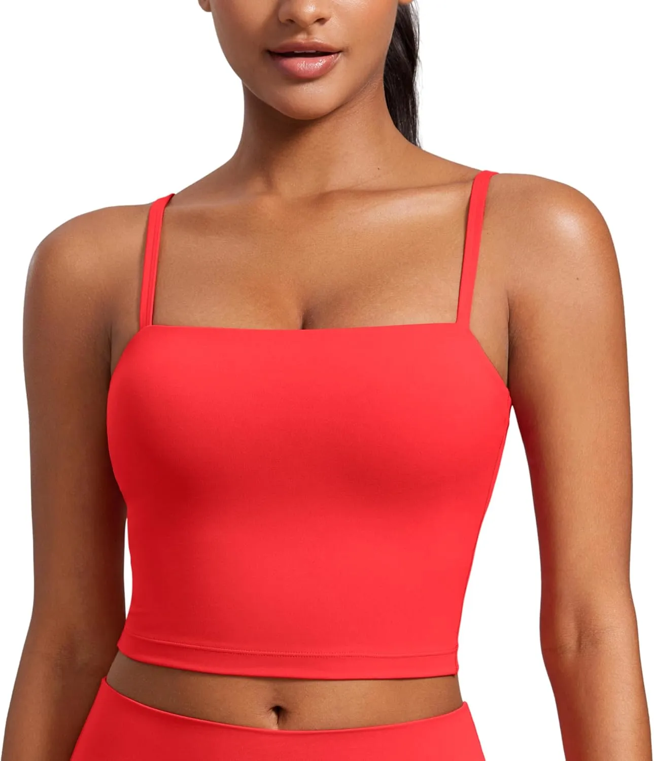 CRZ YOGA Butterluxe Cami Longline Sports Bras for Women - Square Neck Adjustable Padded Workout Crop Tank Top Camisole