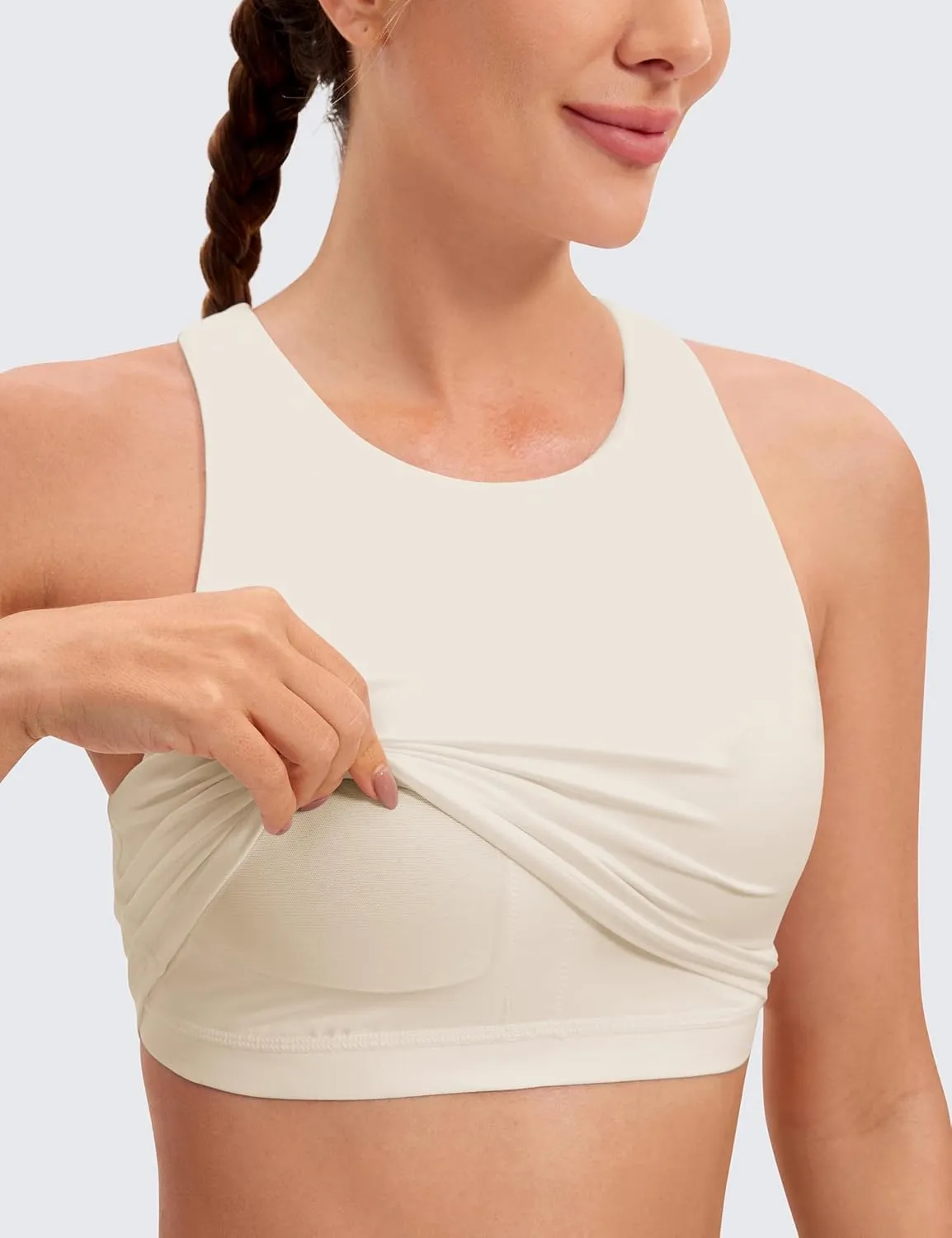 CRZ YOGA Butterluxe Racerback Longline Sports Bras for Women - High Neck Padded Crop Workout Tank Top with Built in Pads