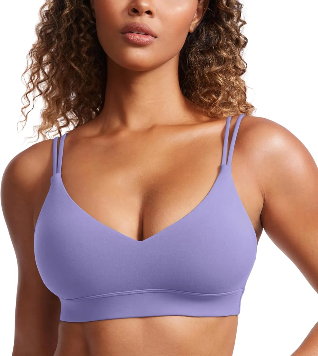 CRZ YOGA Butterluxe V Neck Strappy Sports Bras for Women - Thin Spaghetti Strap Padded Wireless Yoga Crop Top
