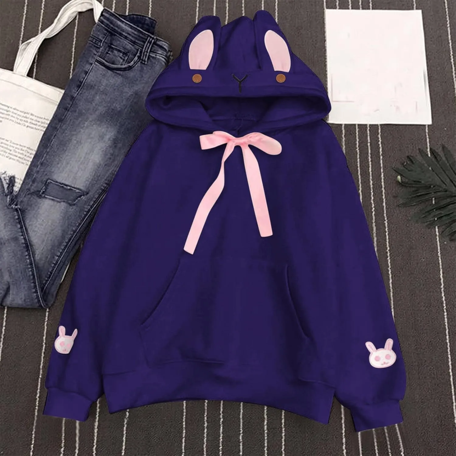 Cute Hoodies For Women Oversized Y2K Pullover Bunny Ear Hooded Sweatshirts With Pockets Long Sleeve Outfits Fall Clothes 2023