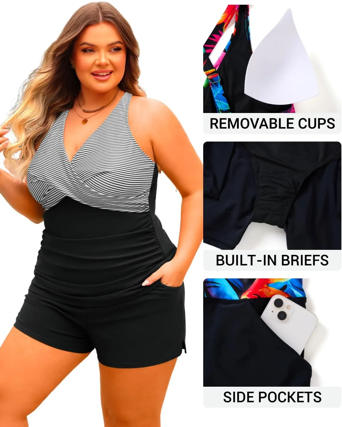 Daci Plus Size Tankini Swimsuit for Women - Two Piece Tummy Control Bathing Suit Tankini Top with Two Pockets Shorts