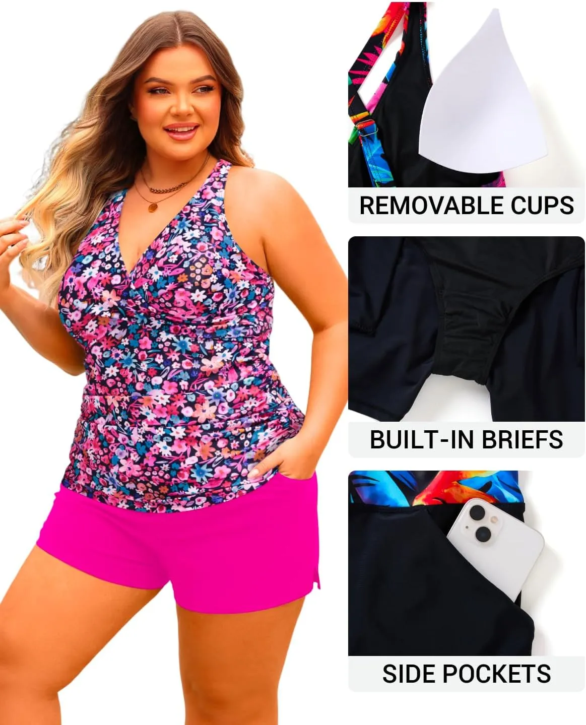 Daci Plus Size Tankini Swimsuit for Women - Two Piece Tummy Control Bathing Suit Tankini Top with Two Pockets Shorts
