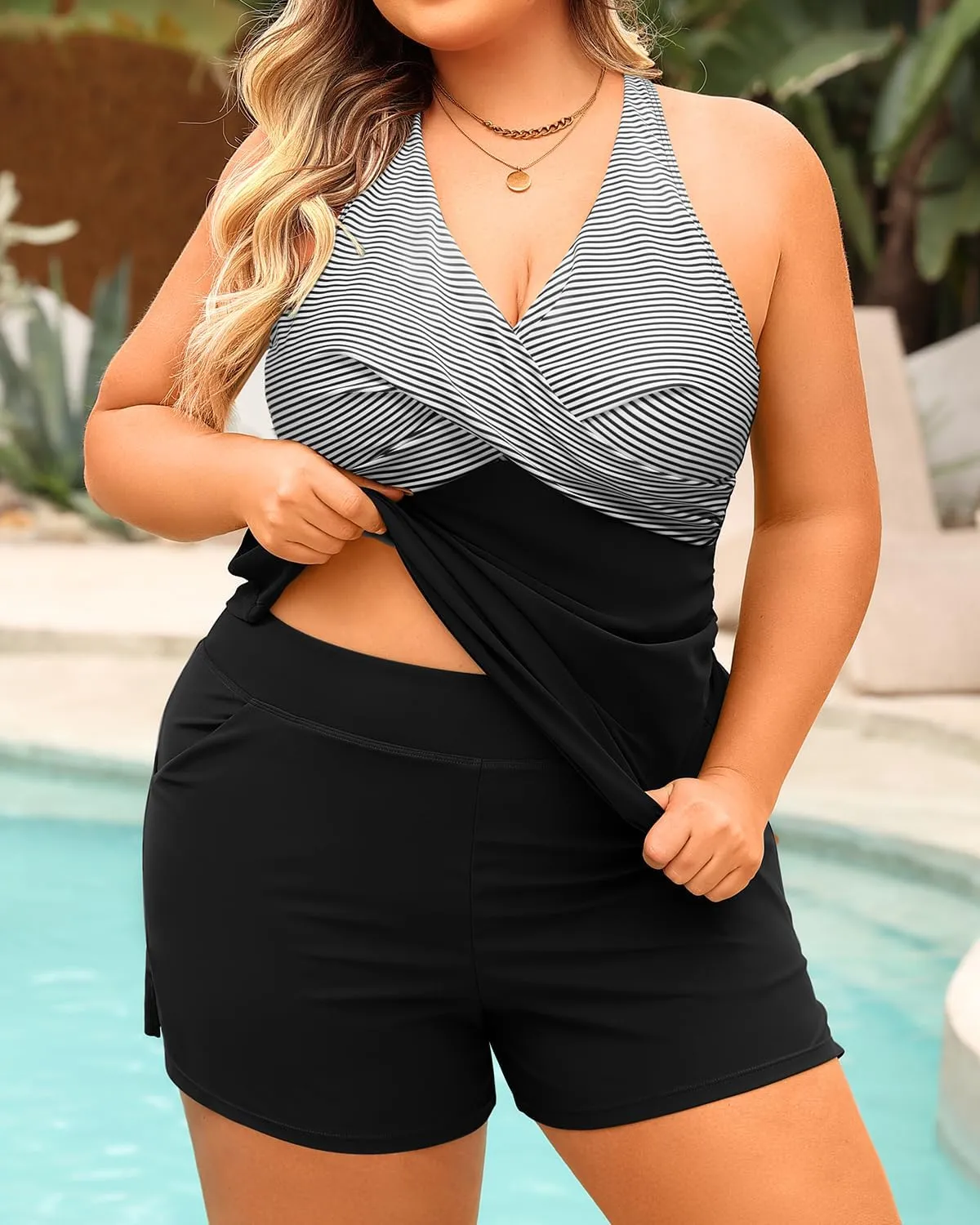 Daci Plus Size Tankini Swimsuit for Women - Two Piece Tummy Control Bathing Suit Tankini Top with Two Pockets Shorts