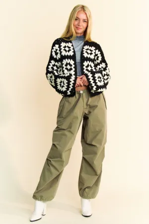 Davi & Dani White & Black  Two Tone Flower Square Crochet Open Front Cardigan