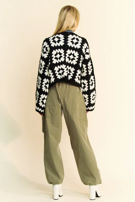 Davi & Dani White & Black  Two Tone Flower Square Crochet Open Front Cardigan