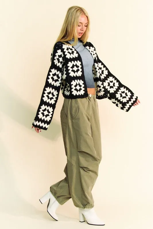 Davi & Dani White & Black  Two Tone Flower Square Crochet Open Front Cardigan