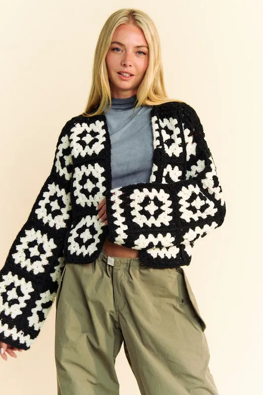 Davi & Dani White & Black  Two Tone Flower Square Crochet Open Front Cardigan