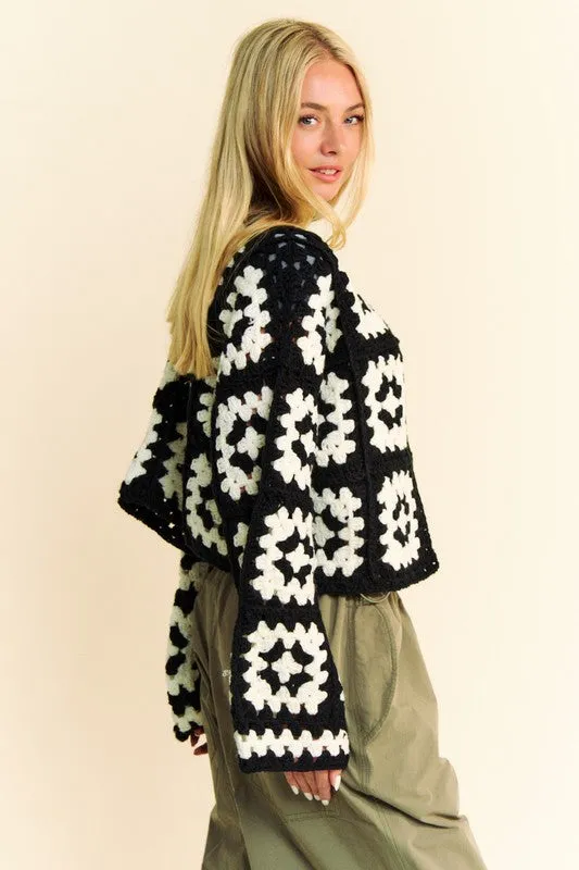 Davi & Dani White & Black  Two Tone Flower Square Crochet Open Front Cardigan