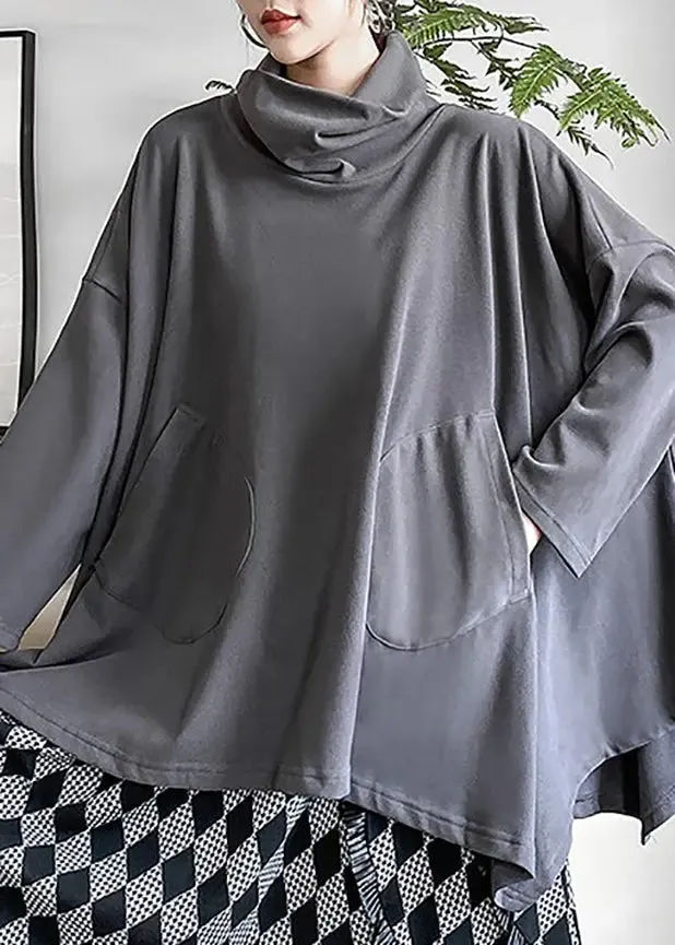 Elegant Grey Turtleneck Asymmetrical Sweatshirts Top Fall ML1210
