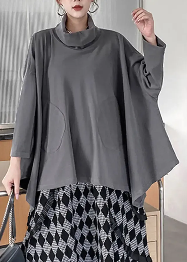 Elegant Grey Turtleneck Asymmetrical Sweatshirts Top Fall ML1210