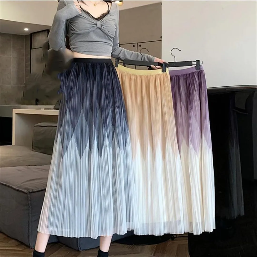 Elegant Mesh Long Skirt Women Elatic High Wiast Midi Length Skirt Female Summer A Line Pleated Skirts