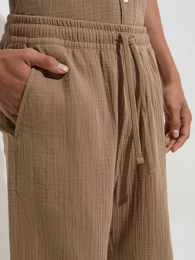 ETA Brown Textured Relaxed-Fit Mid-Rise Cotton Shorts