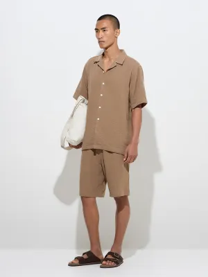 ETA Brown Textured Relaxed-Fit Mid-Rise Cotton Shorts