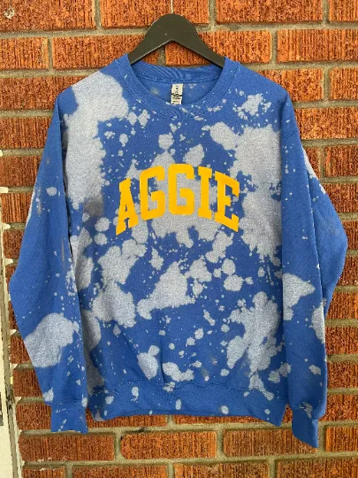 Handmade NCAT Aggie Royal Hand Bleached Crew Neck Sweatshirt