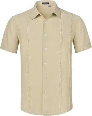 HISDERN Mens Cuban Guayabera Shirts Short Sleeve Casual Button Down Shirts for Men Regular Fit Summer Beach Linen Shirt Solid