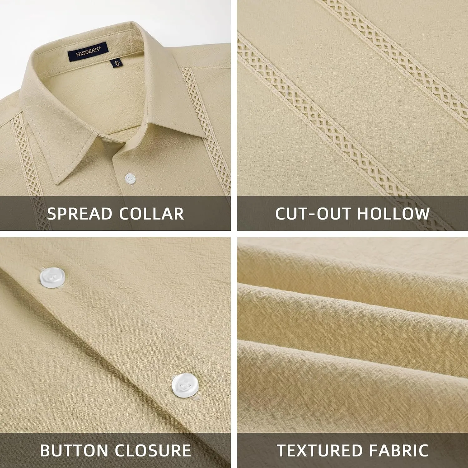 HISDERN Mens Cuban Guayabera Shirts Short Sleeve Casual Button Down Shirts for Men Regular Fit Summer Beach Linen Shirt Solid