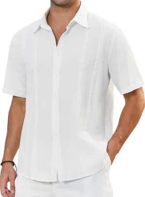 HISDERN Mens Cuban Guayabera Shirts Short Sleeve Casual Button Down Shirts for Men Regular Fit Summer Beach Linen Shirt Solid