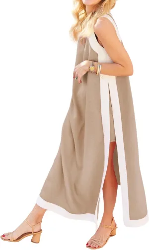 Hooever Women's 2 Piece Sets Boho Color Block Sleeveless Maxi Dress Matching Shorts with Pockets