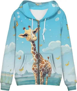 HUIACONG Giraffe Zip Up Hoodie Women Oversized Sweatshirt Y2K Jackets Full Zip Hoodies Butterfly Womens Hooded Streetwear Fall Fashion Outfits Cardigans Sweater