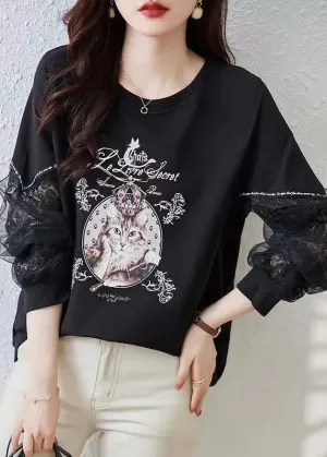 Italian Black Print Tulle Patchwork Sweatshirts Top Fall ML0938
