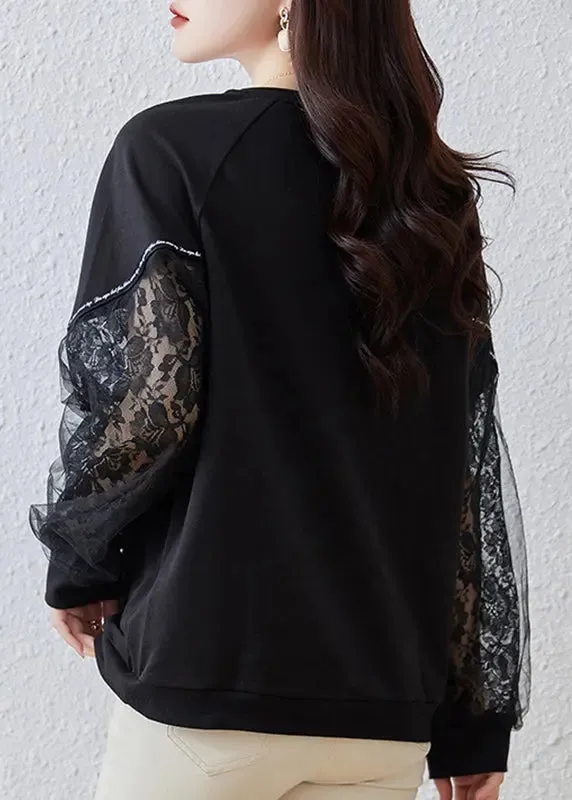 Italian Black Print Tulle Patchwork Sweatshirts Top Fall ML0938