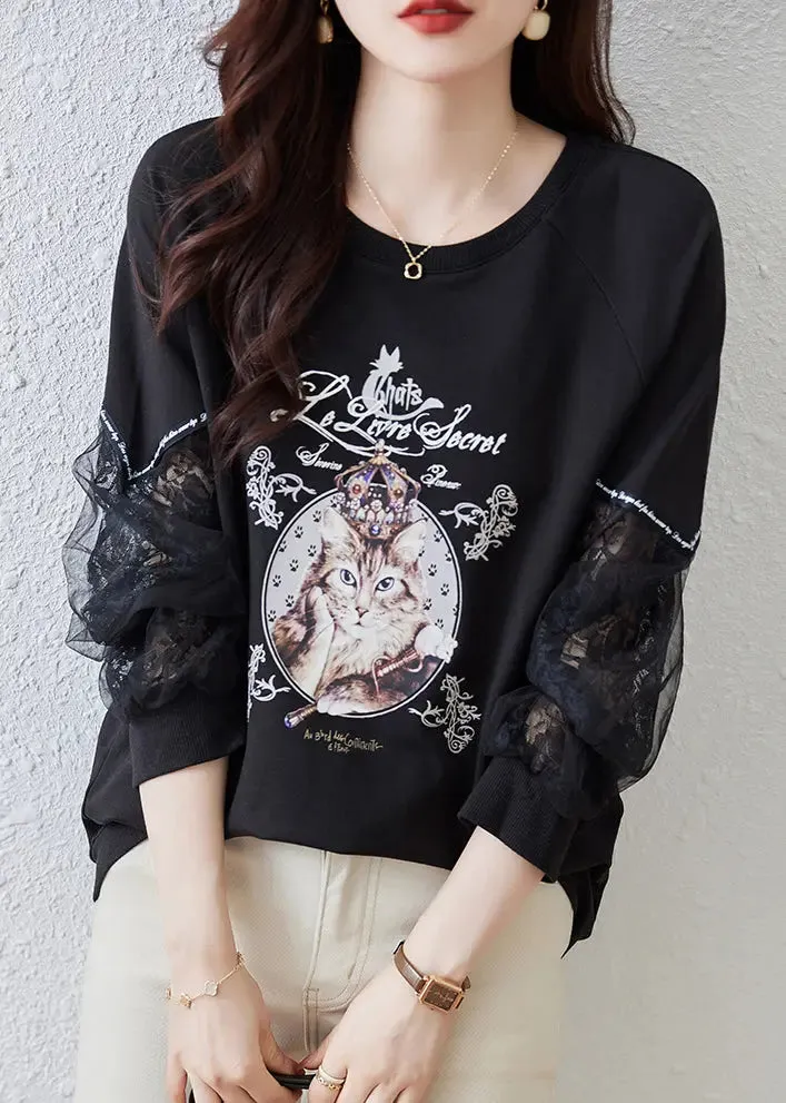 Italian Black Print Tulle Patchwork Sweatshirts Top Fall ML0938