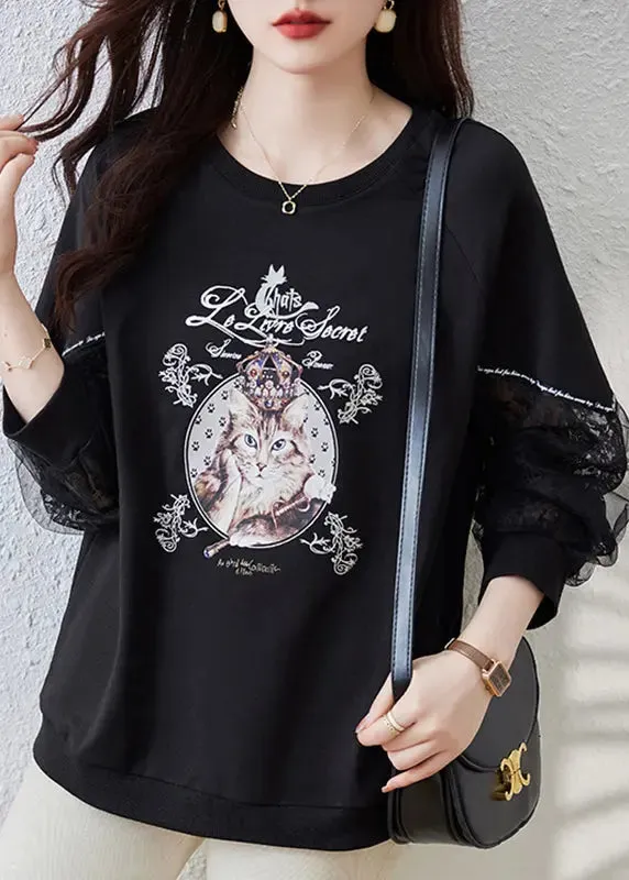 Italian Black Print Tulle Patchwork Sweatshirts Top Fall ML0938