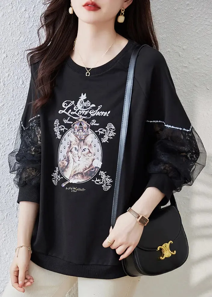 Italian Black Print Tulle Patchwork Sweatshirts Top Fall ML0938