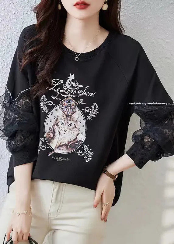 Italian Black Print Tulle Patchwork Sweatshirts Top Fall ML0938