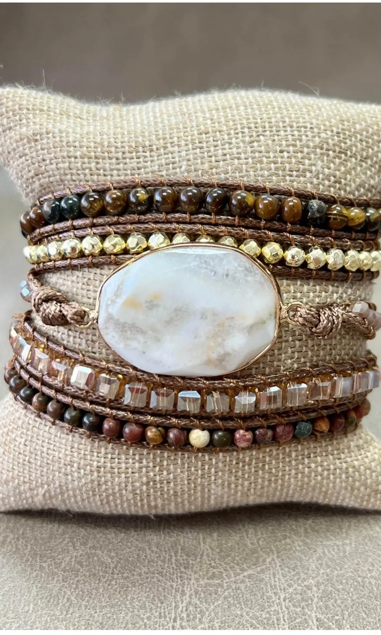 Kelly White Quartz Beaded Vegan Leather Wrap Bracelet