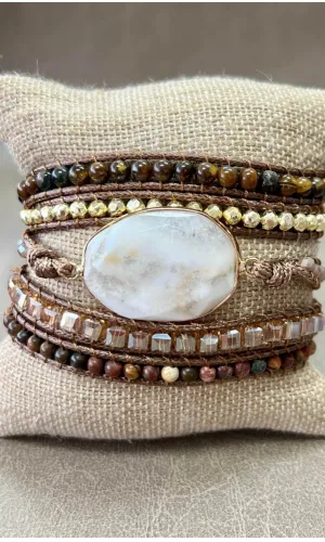 Kelly White Quartz Beaded Vegan Leather Wrap Bracelet