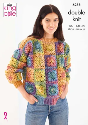 King Cole 6258 CROCHET Pattern - Ladies Granny Square Cardigan & Jumper
