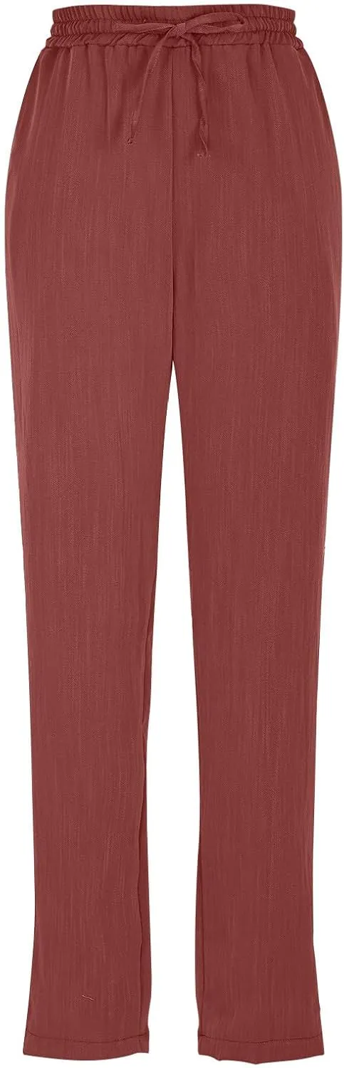 Linen Pants Women Trendy 2025 Casual Summer High Waisted Drawstring Lounge Trousers Straight Leg Pant with Pockets