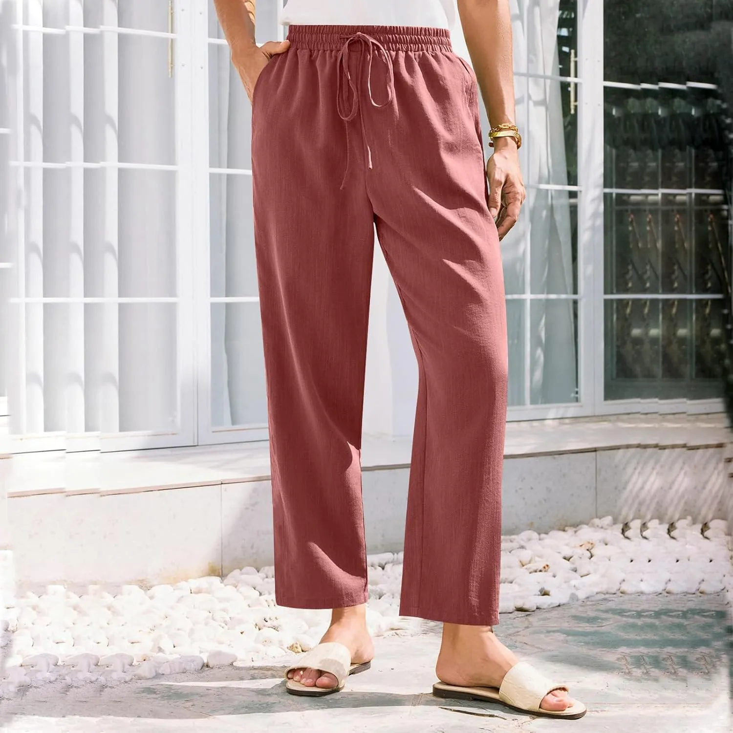 Linen Pants Women Trendy 2025 Casual Summer High Waisted Drawstring Lounge Trousers Straight Leg Pant with Pockets