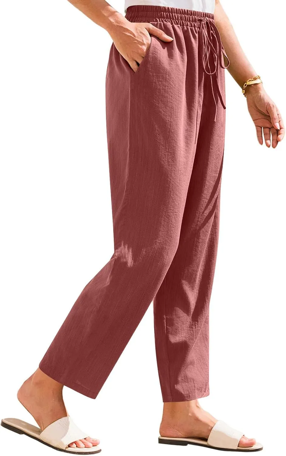 Linen Pants Women Trendy 2025 Casual Summer High Waisted Drawstring Lounge Trousers Straight Leg Pant with Pockets