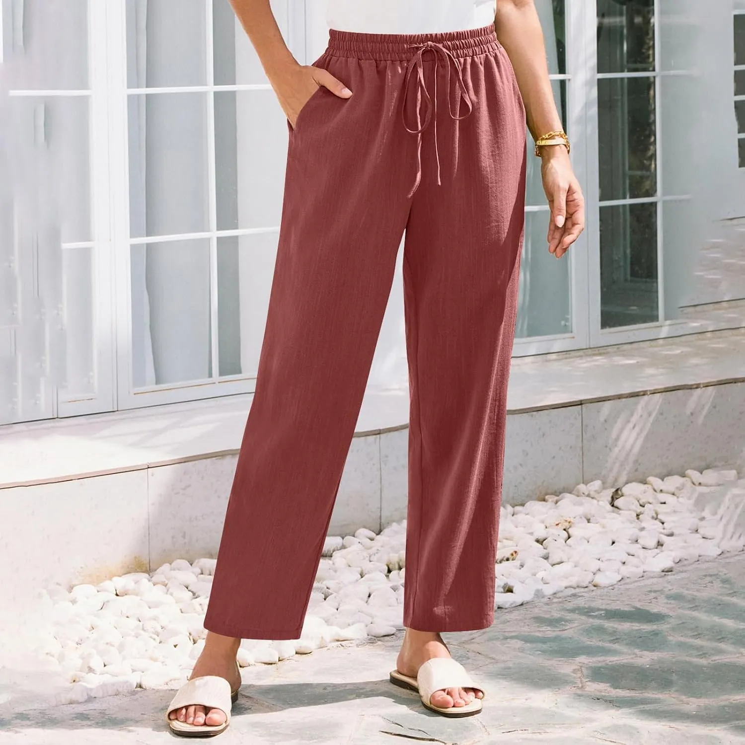 Linen Pants Women Trendy 2025 Casual Summer High Waisted Drawstring Lounge Trousers Straight Leg Pant with Pockets
