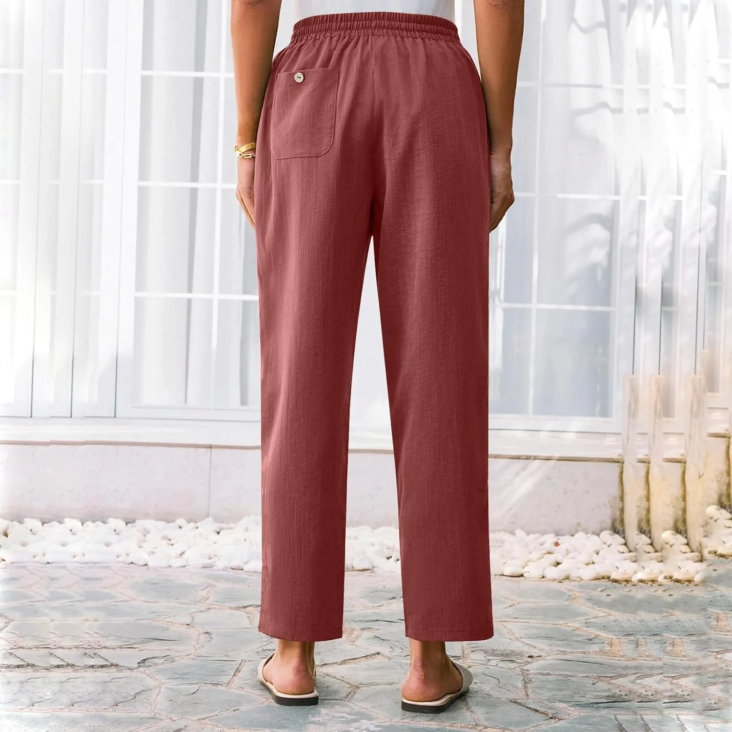 Linen Pants Women Trendy 2025 Casual Summer High Waisted Drawstring Lounge Trousers Straight Leg Pant with Pockets