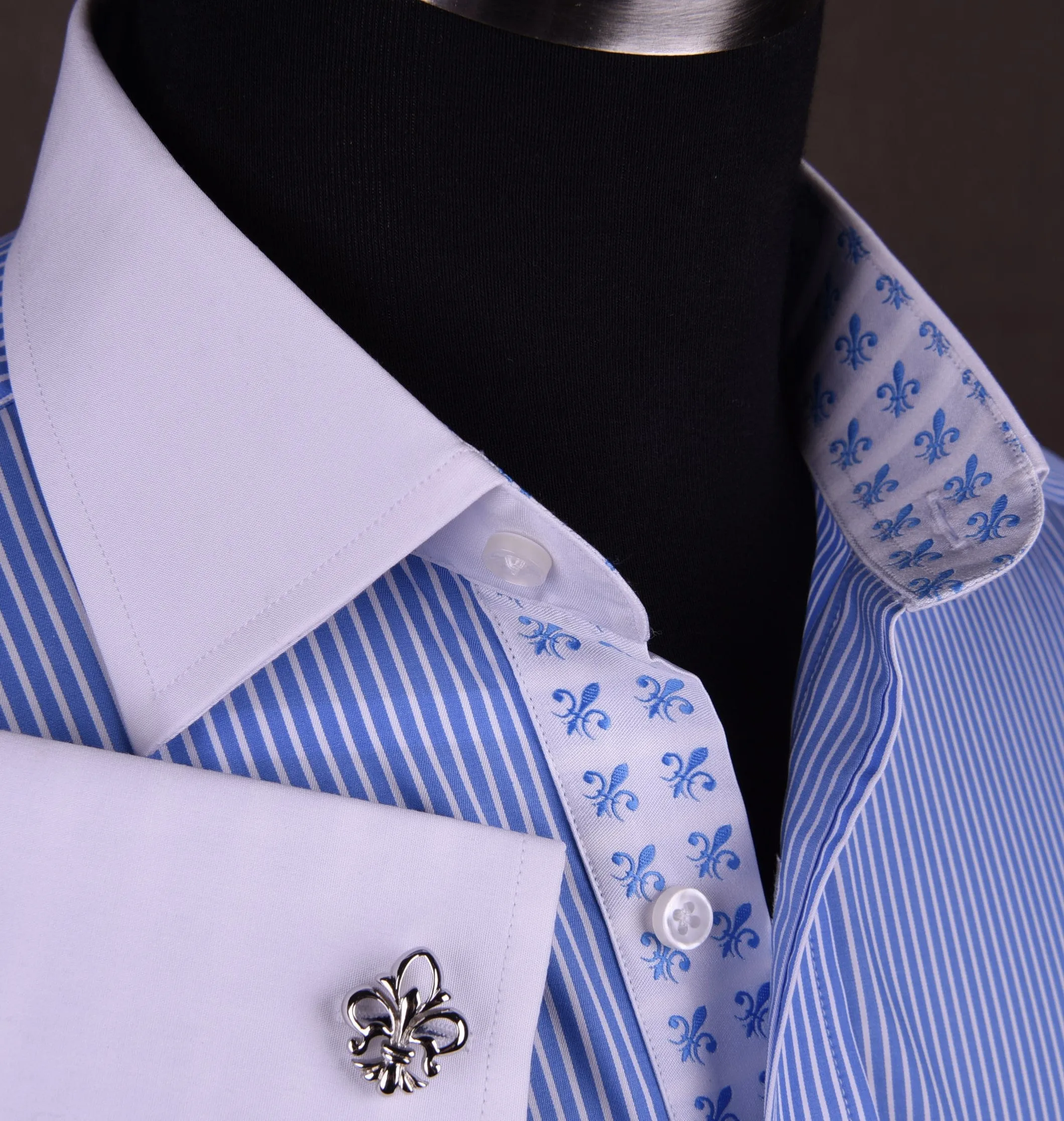 Luxury Blue Small Striped Formal Business Dress Shirt in French Double Cuffs - White Contrast Cuff