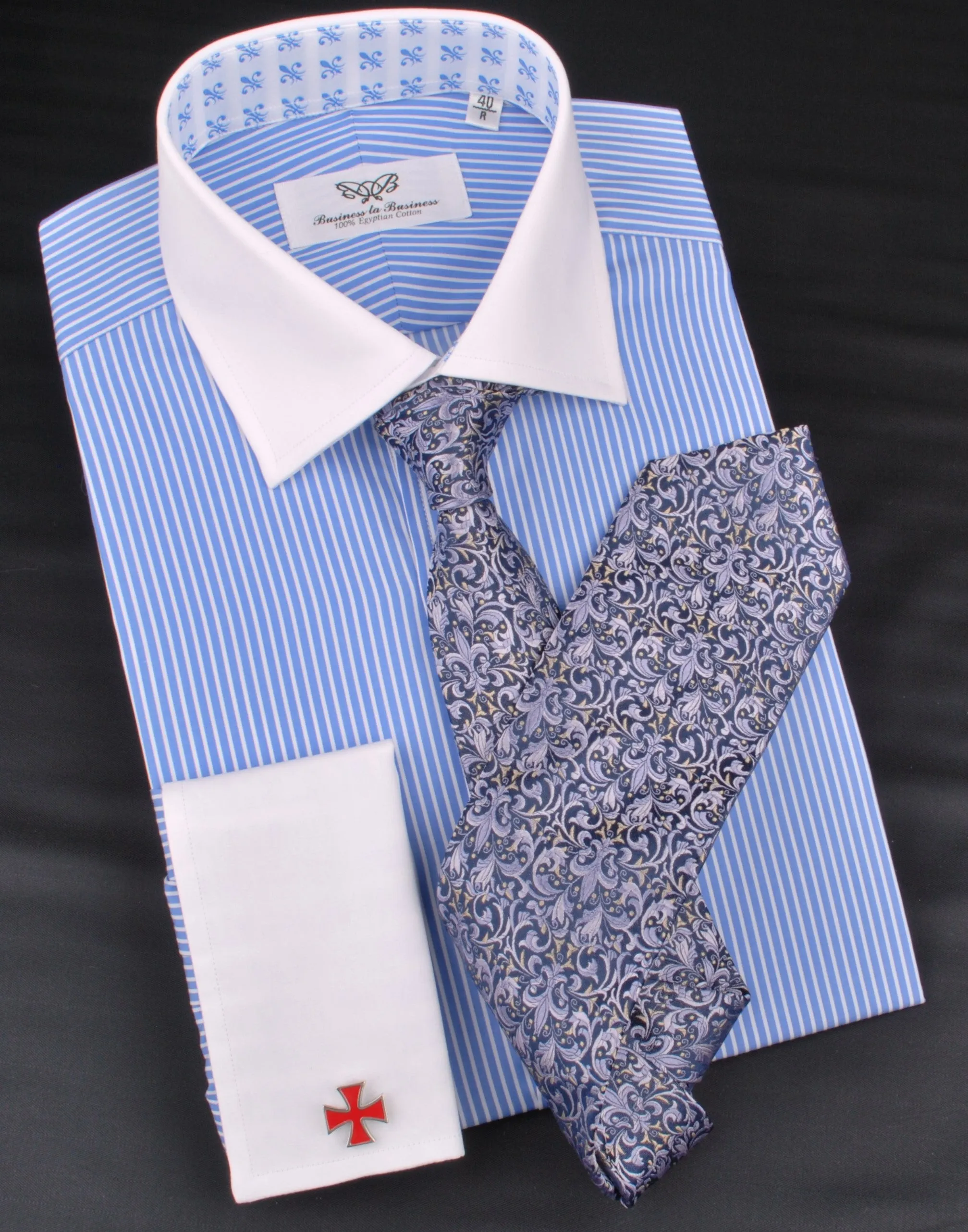 Luxury Blue Small Striped Formal Business Dress Shirt in French Double Cuffs - White Contrast Cuff