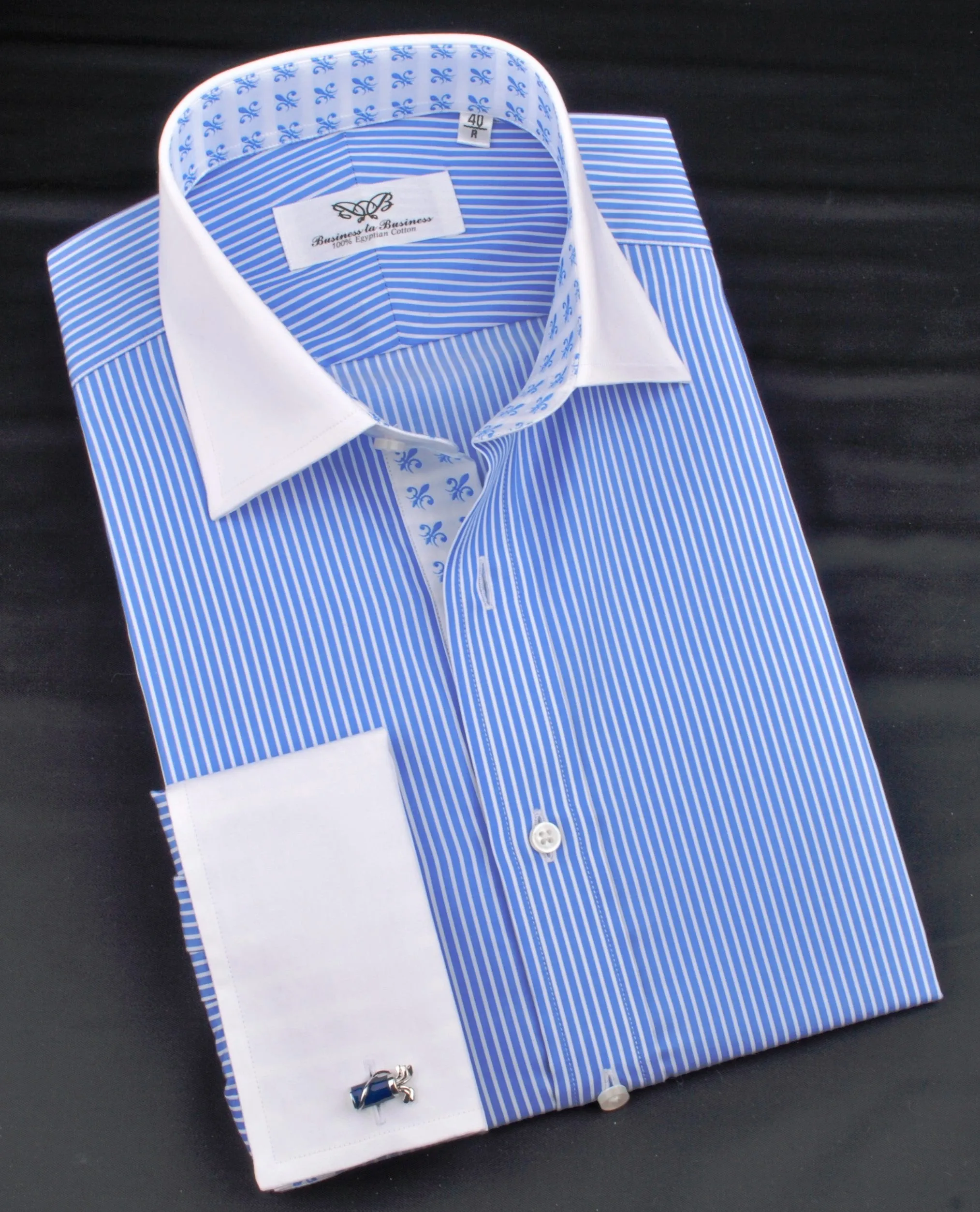 Luxury Blue Small Striped Formal Business Dress Shirt in French Double Cuffs - White Contrast Cuff