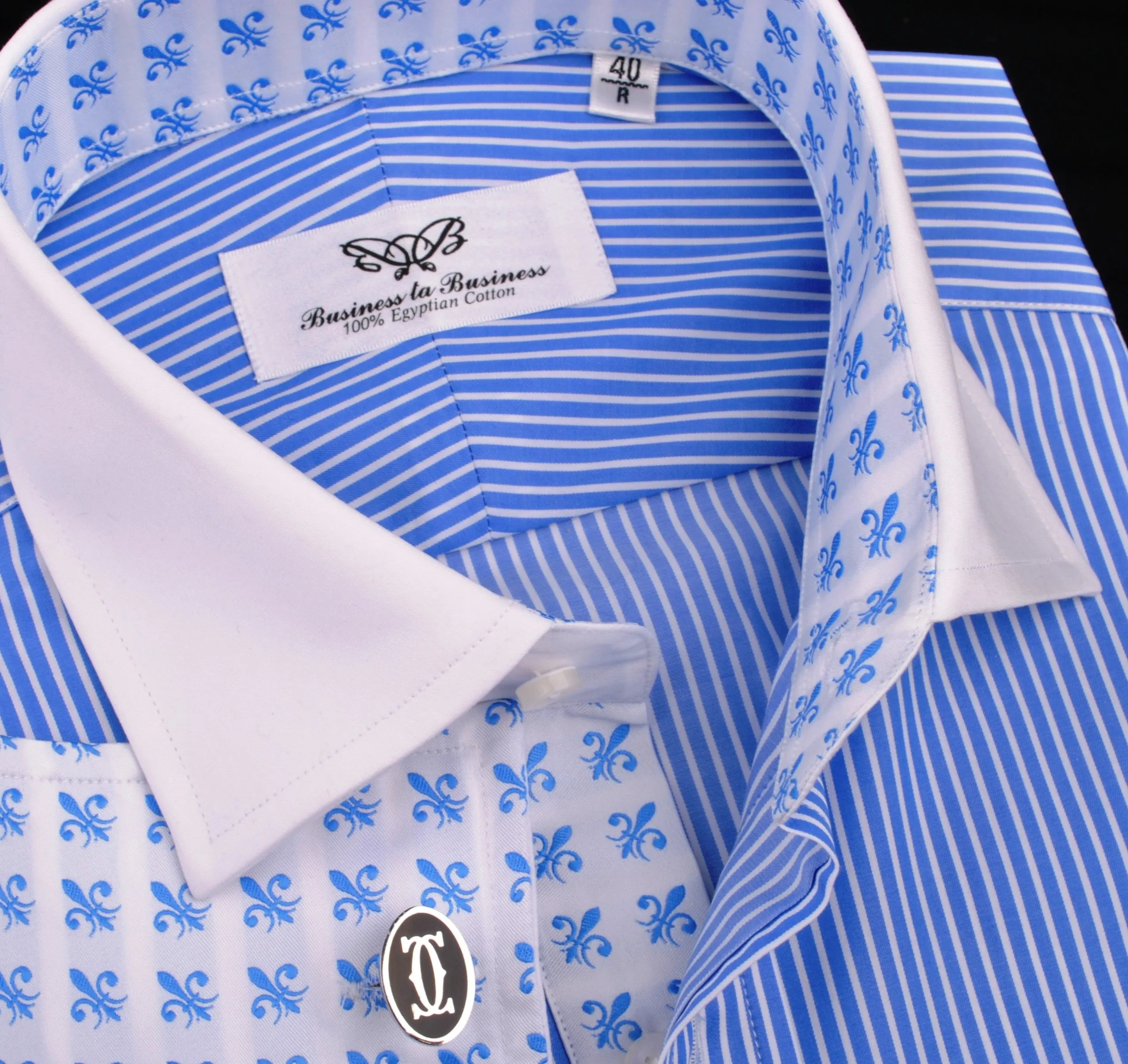 Luxury Blue Small Striped Formal Business Dress Shirt in French Double Cuffs - White Contrast Cuff