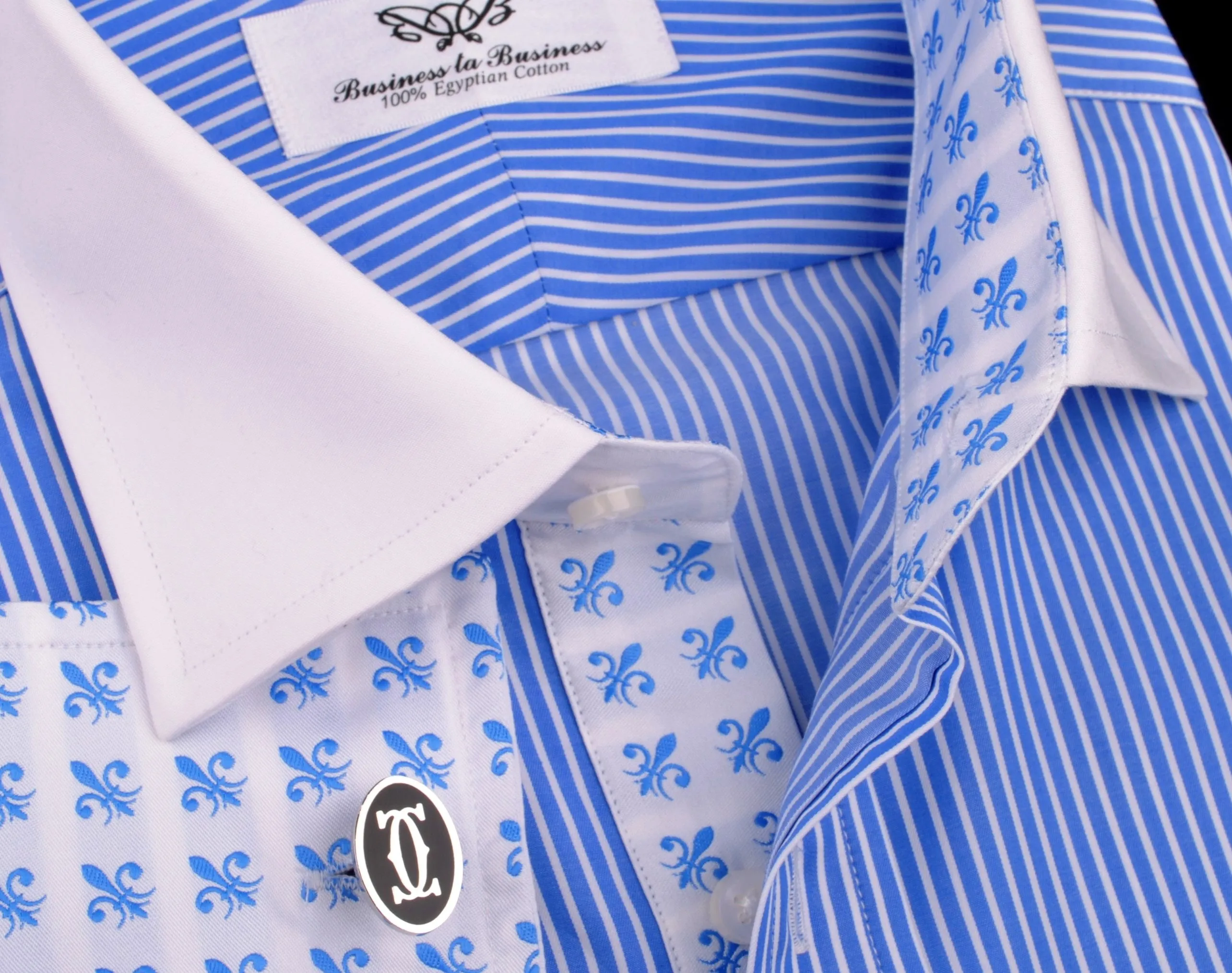 Luxury Blue Small Striped Formal Business Dress Shirt in French Double Cuffs - White Contrast Cuff