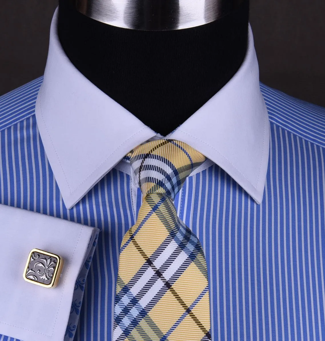 Luxury Blue Small Striped Formal Business Dress Shirt in French Double Cuffs - White Contrast Cuff