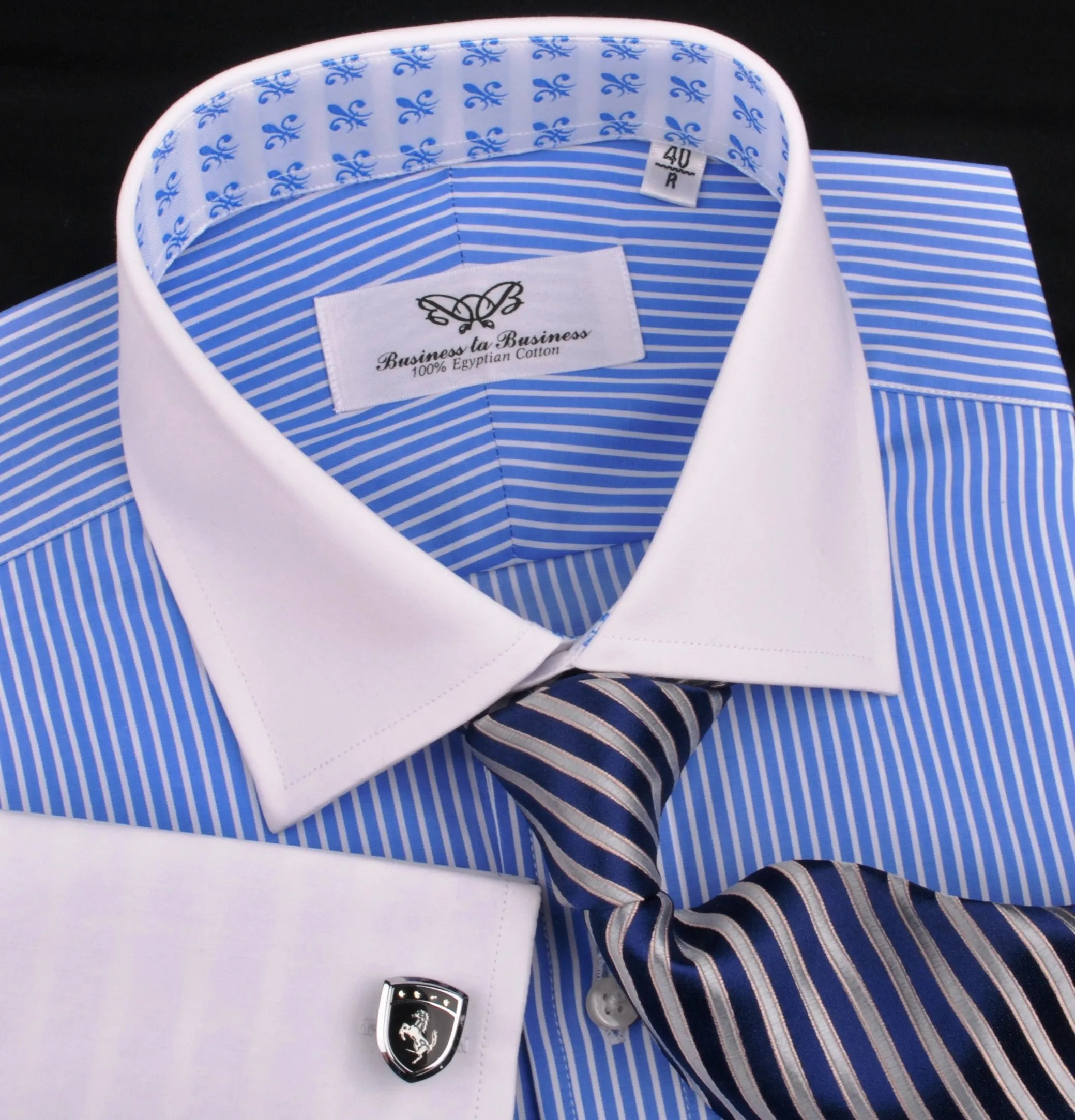 Luxury Blue Small Striped Formal Business Dress Shirt in French Double Cuffs - White Contrast Cuff