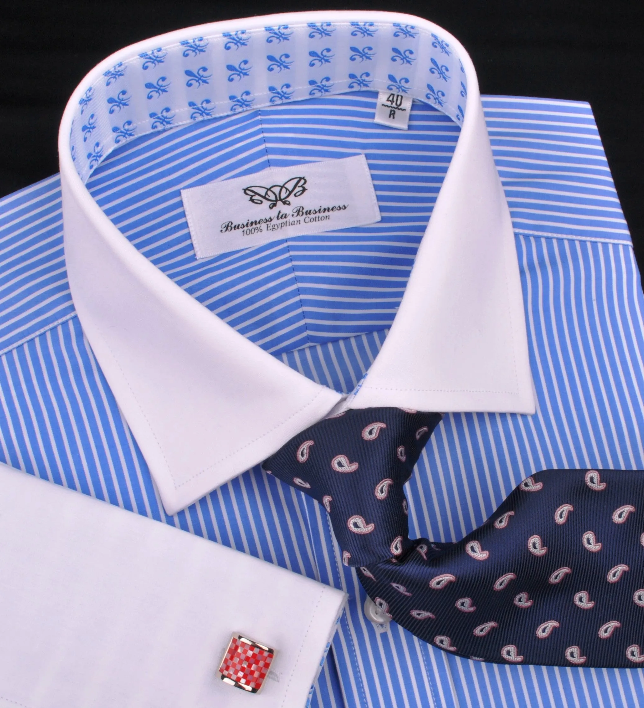 Luxury Blue Small Striped Formal Business Dress Shirt in French Double Cuffs - White Contrast Cuff