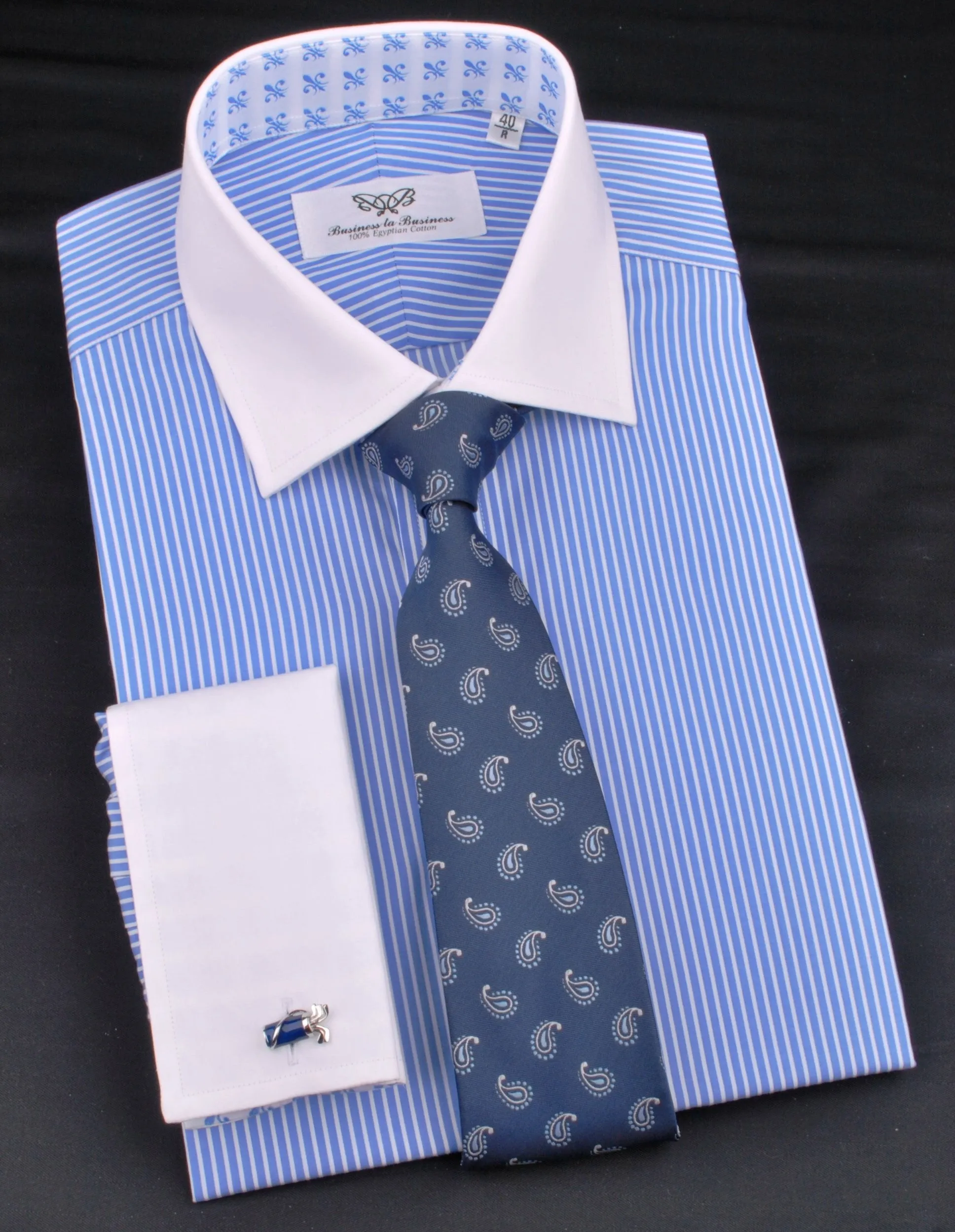 Luxury Blue Small Striped Formal Business Dress Shirt in French Double Cuffs - White Contrast Cuff